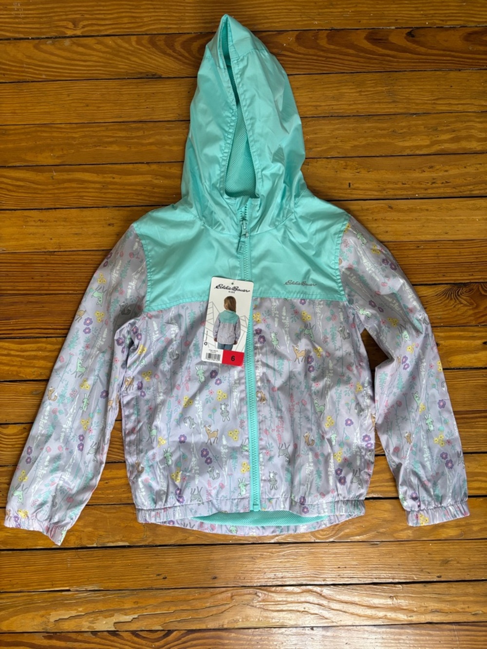 Eddie Bauer Girls Mint Hooded Rain Jacket with Silver Floral Print
